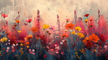 An artistic digital canvas of abstract floral motifs, where brush strokes and color splashes define the silhouettes of wildflowers and foliage. - obrazy, fototapety, plakaty