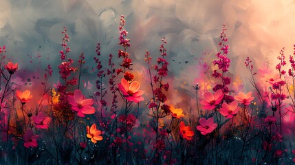 An artistic digital canvas of abstract floral motifs, where brush strokes and color splashes define the silhouettes of wildflowers and foliage.