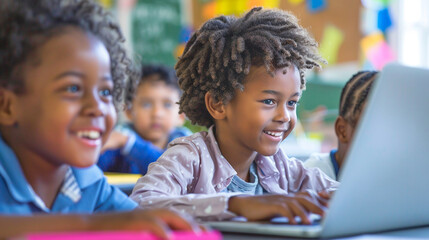 Portrait of smiling african american girl using laptop in classroom. AI.