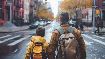 Father and son traveling  wearing backpacks. AI. - obrazy, fototapety, plakaty