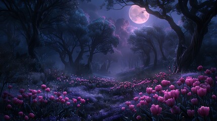An atmospheric digital painting of a gothic garden at midnight, with moonlight filtering through the branches of dark, twisted trees, casting shadows on a bed of black tulips