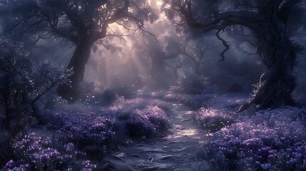 An atmospheric digital painting of a gothic garden at midnight, with moonlight filtering through the branches of dark, twisted trees, casting shadows on a bed of black tulips - obrazy, fototapety, plakaty