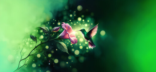  Hummingbird in Flight with Tropical Wild Nature Flowers on Green Abstract Texturized Degradé and Bokeh Background