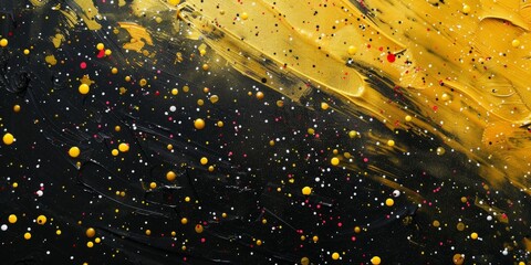 Yellow paint mural, delicately adorned with tiny colorful confetti on a black background. - obrazy, fototapety, plakaty