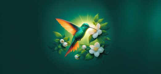  Hummingbird in Flight with Tropical Wild Nature Flowers on Green Abstract Texturized Degradé and Bokeh Background