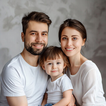 Portrait of a happy family on the background of a gray wall. AI.