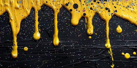 Yellow paint mural, delicately adorned with tiny colorful confetti on a black background.