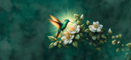  Hummingbird in Flight with Tropical Wild Nature Flowers on Green Abstract Texturized Degradé and Bokeh Background