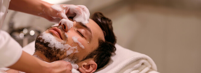 A relaxing moment at the spa portrayed with a man receiving a facial treatment, his face covered in...