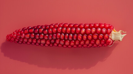 Minimal food concept with an ear of corn made of pomegranate seed on a red background. Flat lay. Web banner with empty space fot text. Digital manipulation