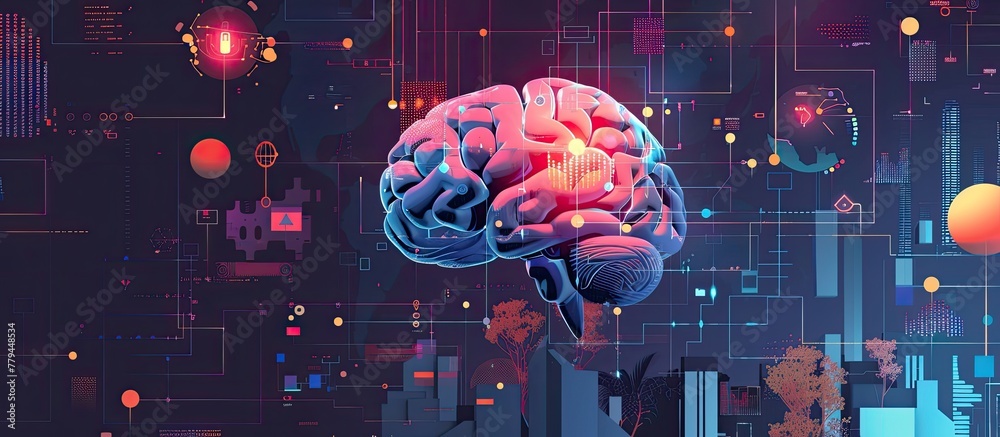 Poster a computer generated image of a brain with a red spot in the middle . high quality