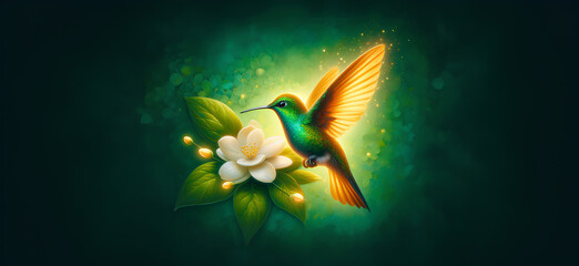  Hummingbird in Flight with Tropical Wild Nature Flowers on Green Abstract Texturized Degradé and Bokeh Background