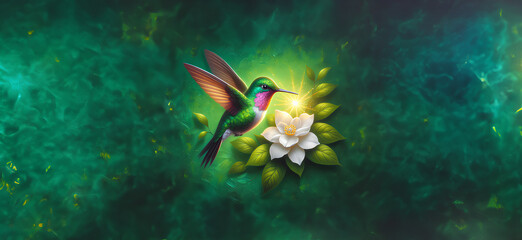  Hummingbird in Flight with Tropical Wild Nature Flowers on Green Abstract Texturized Degradé and Bokeh Background
