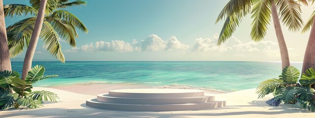 3D Render of Abstract Tropical Beach Background with Empty Podium for Product Display Presentation, Summer Vacation Concept, Panoramic View of Ocean and Palm Trees, high Resolution.