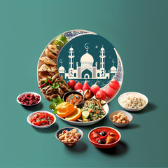 Eid al-fitr celebration banquet top view - obrazy, fototapety, plakaty