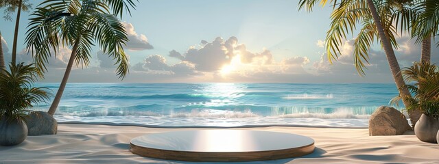 3D Render of Abstract Tropical Beach Background with Empty Podium for Product Display Presentation, Summer Vacation Concept, Panoramic View of Ocean and Palm Trees, high Resolution.
