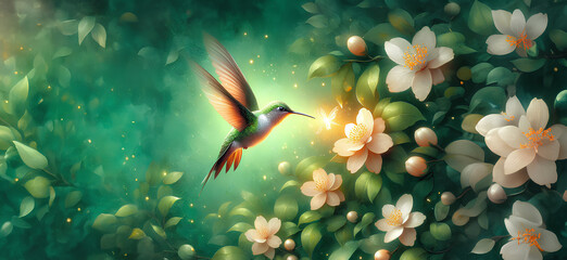  Hummingbird in Flight with Tropical Wild Nature Flowers on Green Abstract Texturized Degradé and Bokeh Background
