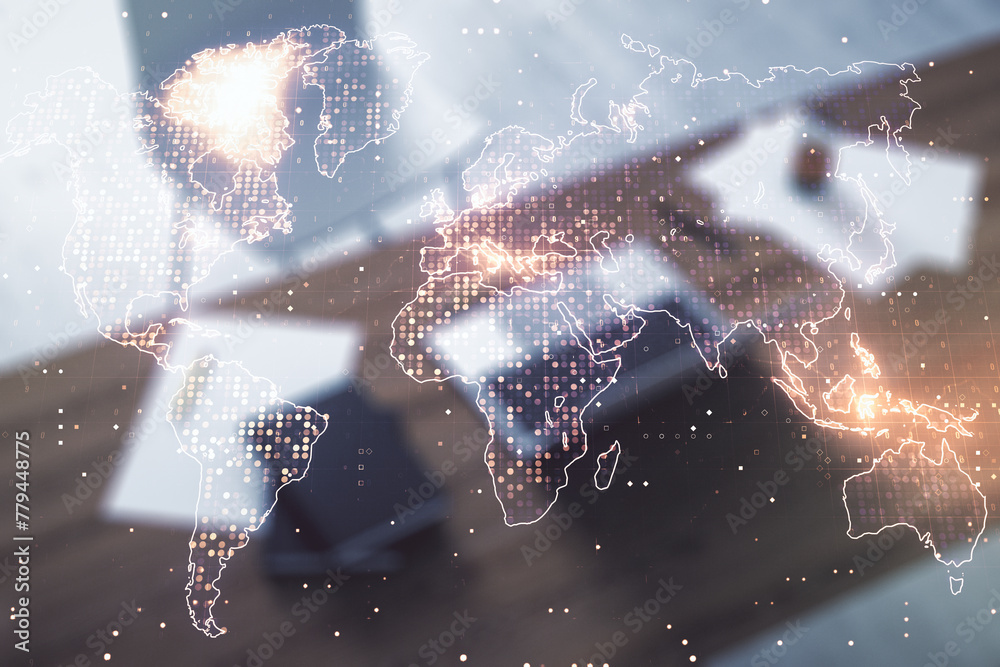 Aufkleber double exposure of abstract digital world map and modern desktop with laptop on background, research