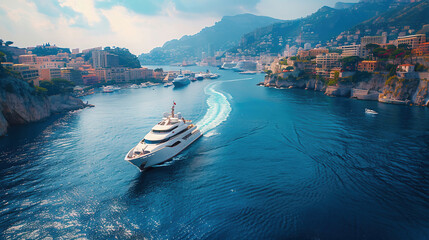 yacht making its grand entrance into Monaco, surrounded by sparkling waters, under the bright...