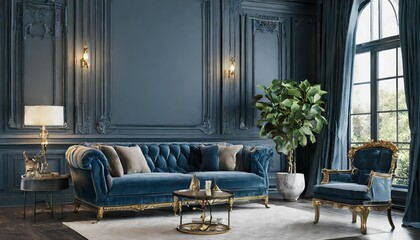 Dark blue living room interior with sofa, classic modern interior