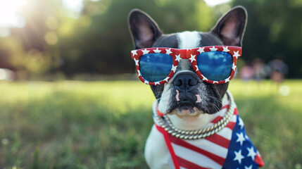 dog red sunglass usa flag in neck blur background outdoor a memorial day military veterans and patriotism concept