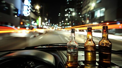 Empty beer bottles on dashboard against blurred city lights, portraying dangers of drinking and driving, Concept of responsible drinking and road safety