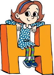 girl is sitting on the capital letter H