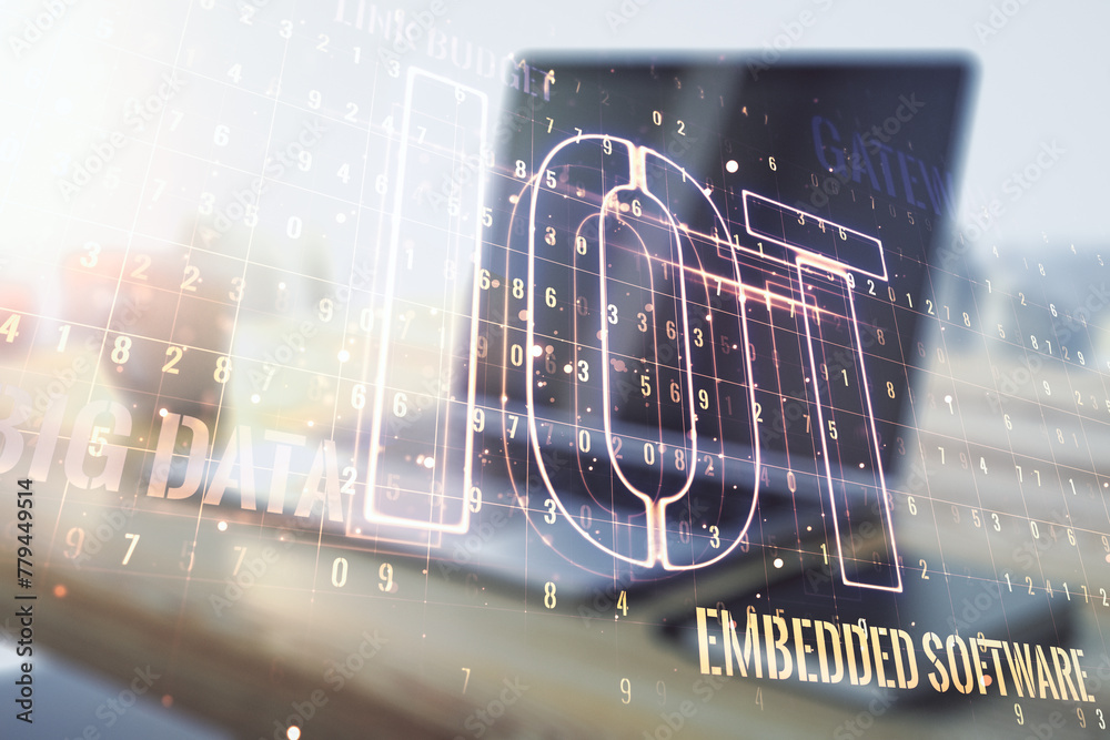 Poster Double exposure of creative IOT hologram and modern desktop with laptop on background, research and development concept