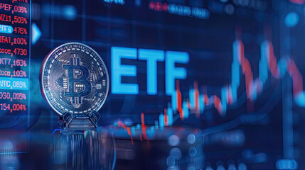 Crypto and bitcoin exchange traded fund or spot price ETF funds application gets approved and listed for institutions investment on stock exchanges concept as wide banner design - obrazy, fototapety, plakaty