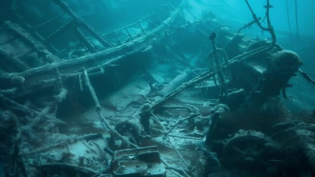 Tangled wreckage from a shipwreck sits on the ocean floor a graveyard for those lost to the terrifying power of rogue waves.