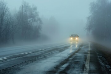 Car with headlights on driving on the foggy road in misty morning. Empty rural highway. Wet asphalt. Car driving with its headlamps turned on in heavy rain. Tranquil countryside. Fog - obrazy, fototapety, plakaty