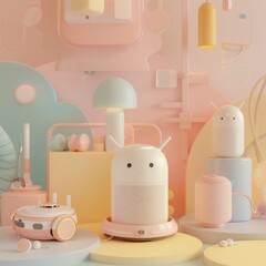 3D pastel utility, a smart speaker, robot vacuum and humidifier in charming soft tones
