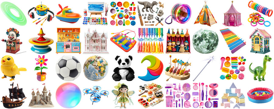 big collection of different toys for children kid, school playroom decor, magnet toy, doll, teddy bear, board game, photo collage set, isolated transparent background AIG44
