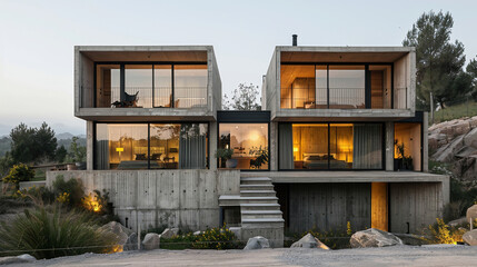 two four-story buildings of rectangular houses joined together with an open stairwell and large...
