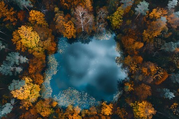 Fototapeta na wymiar Autumn Serenity: Aerial View of a Heart-Shaped Lake Surrounded by Fall Foliage