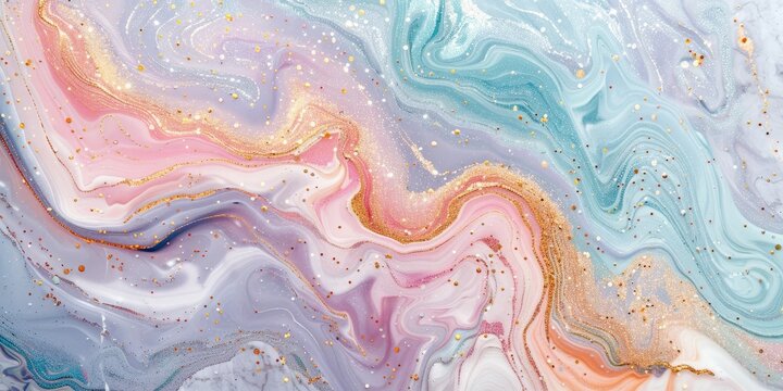 Pastel-colored marble mural with delicate colorful confetti sprinkle over a white background.