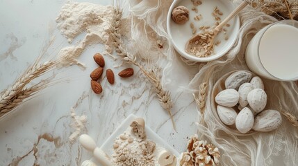 A delicate interplay of textures and tones in a white milk background with almond cocoa and wheat elements  AI generated illustration