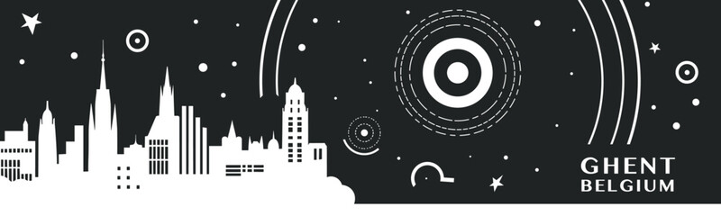 Obraz premium Ghent city vintage banner with abstract black and white cityscape and skyline. Retro vector horizontal illustration for Belgium town