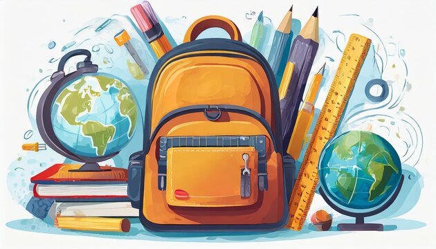 Banner template with school supplies frame. Concept for back to school, stationery sale. Pen, globe, backpack, ruler, book, brush, pencil icons in flat style. Vector illustration isolated on white