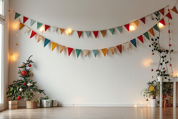 Christmas minimalist wall decor. Festive garland on a white wall. Generated by artificial intelligence.