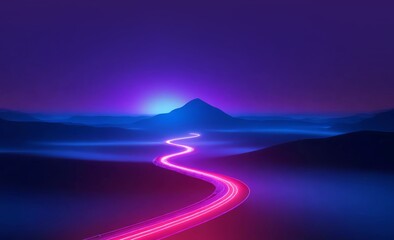 synthwave curvy neon car light trails glowing on winding road and misty mountain range at night with copy space - Powered by Adobe