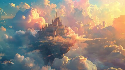 A dreamlike scene of a floating castle surrounded by fluffy clouds  AI generated illustration - obrazy, fototapety, plakaty