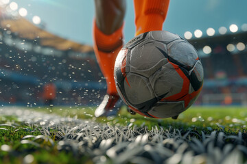 A soccer player kicks a ball, splashing water droplets on a lush, wet field at dusk. - Powered by Adobe