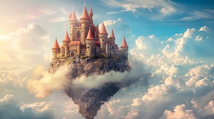 A fantastical castle floating in the sky on a cloud  AI generated illustration - obrazy, fototapety, plakaty