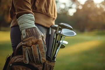 A golfer clutching golf clubs, donning a leather glove, against a backdrop of a green fairway.