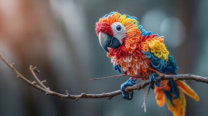 scarlet macaw crafted from colorful embroidery thread perched on a dry tree branch - obrazy, fototapety, plakaty
