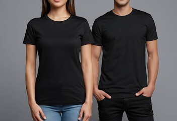 Man and woman in black t-shirt, plain blank adult tshirt mockup, black tee, front view