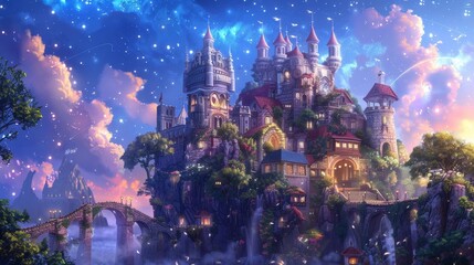A fantasy-inspired illustration of a magical castle  AI generated illustration - obrazy, fototapety, plakaty