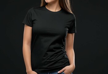 Woman in black t-shirt, plain blank tshirt mockup, black tee, front view