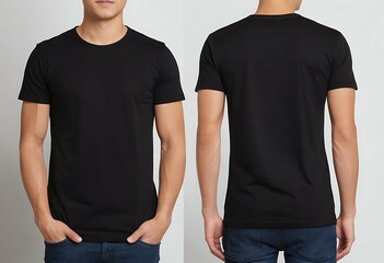 Man in black t-shirt, plain blank tshirt mockup, black tee, front and back view